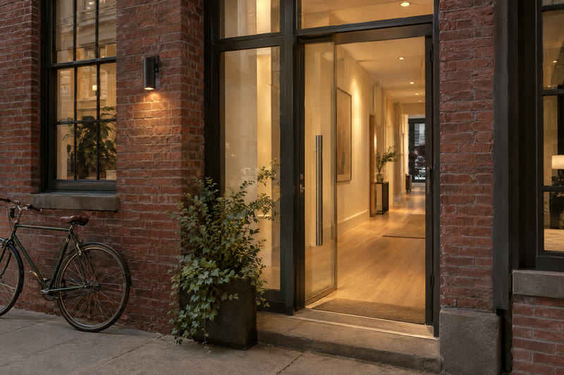 The glass entrance of a brick loft building at dusk, a lit hallway glowing onto the sidewalk. Illustrative image, not a Picora location.