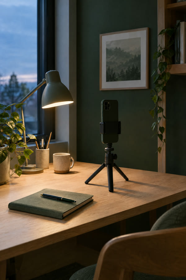 A small content desk at dusk: a phone on a compact tripod facing a soft light, a notebook and a mug. Illustrative image.