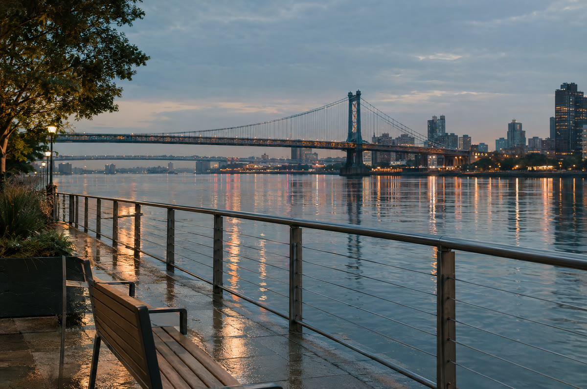 A calm river waterfront at blue hour with a steel railing, a bench and a bridge with sparse warm lights. Illustrative image.